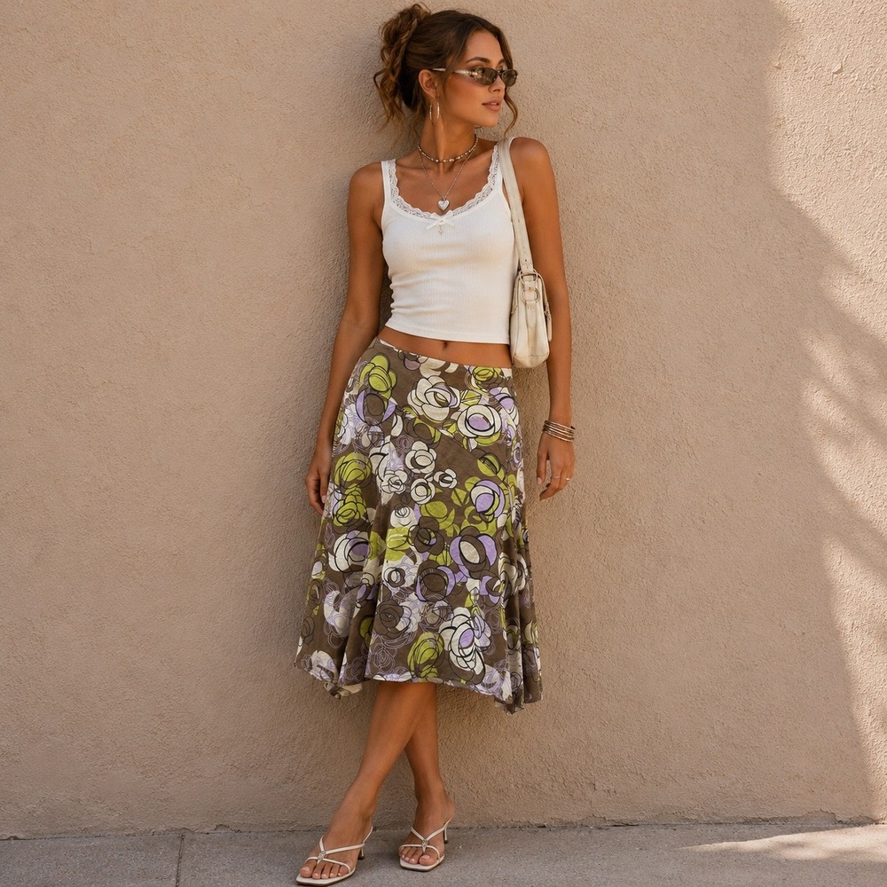 Womens Floral A-Line Skirt Brown Green Lavender Cotton Y2K Boho Whimsy L 12